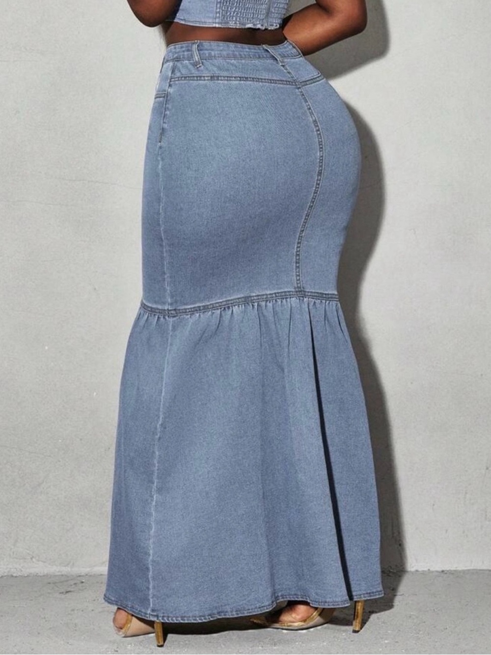 SHEIN Light Blue High-Waist Button Front Denim Mermaid Skirt - Picture 3 of 3